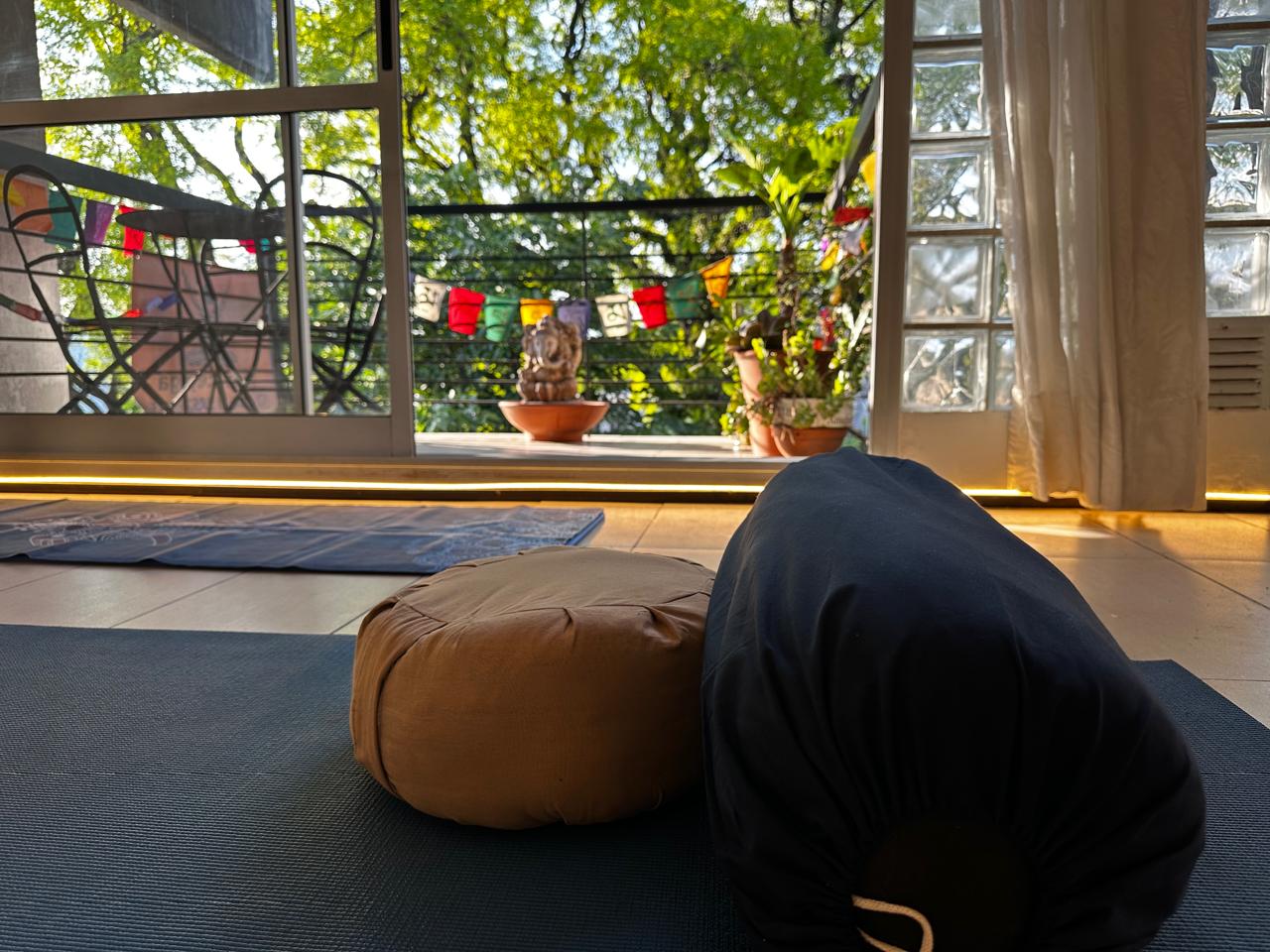 Vista desde el espacio de práctica de Cauce Yoga hacia el balcón con árboles en Villa Devoto